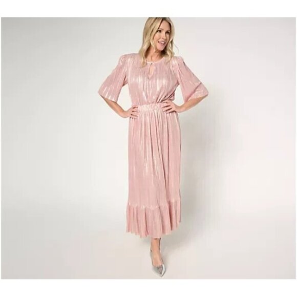 by Stacy London Petit Metallic Plisse Pleated Midi Dress Primrose Pet 1X A671331 - Picture 1 of 4